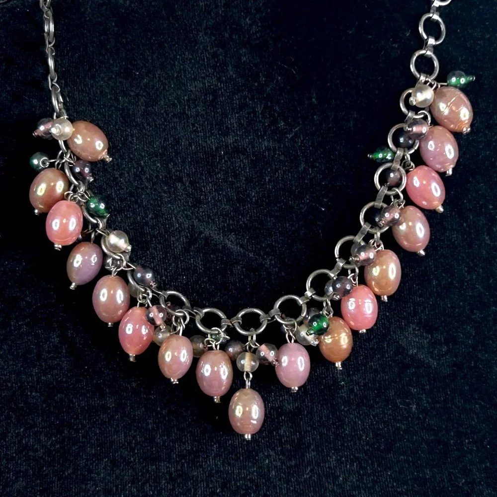 Beautifully Detailed Antique Pewter w/ Mauve Pink‎ & Green Glass Beads Necklace